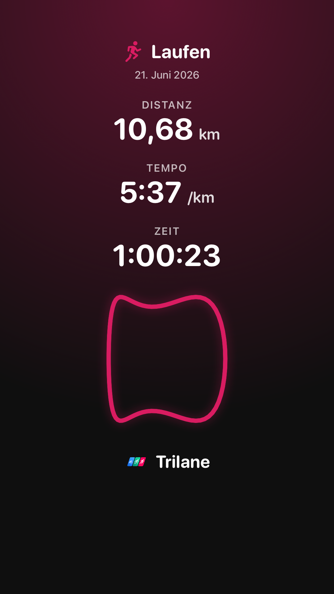 Geteiltes Workout als Story-Bild mit Distanz, Tempo, Zeit und Streckenverlauf