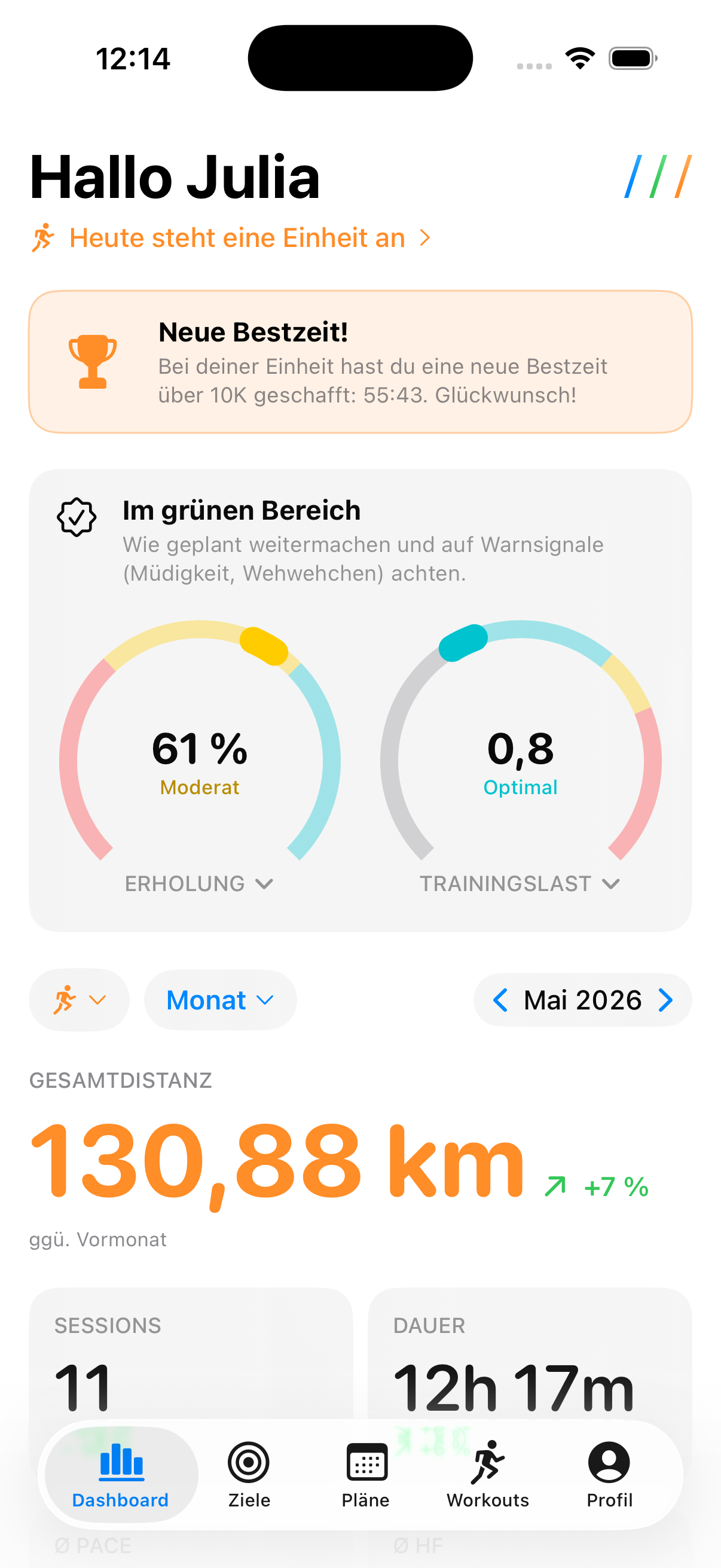 Trilane Dashboard mit den Anzeigen für Erholung und Trainingslast sowie der Gesamtdistanz