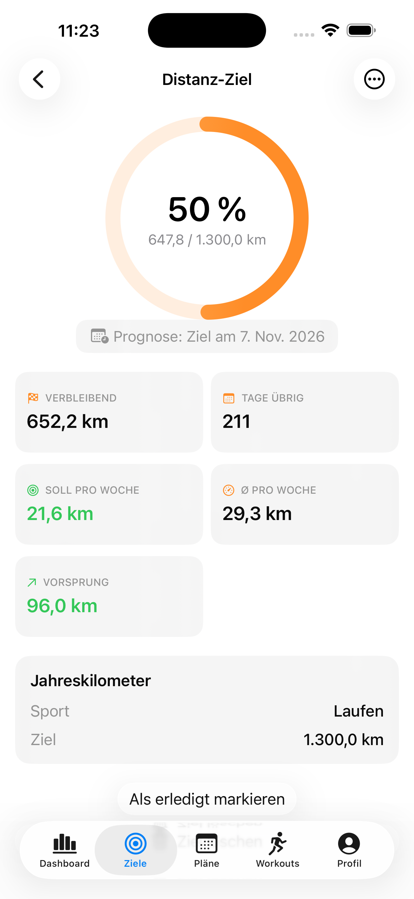 Ziel-Ansicht mit Fortschritt und Live-Prognose