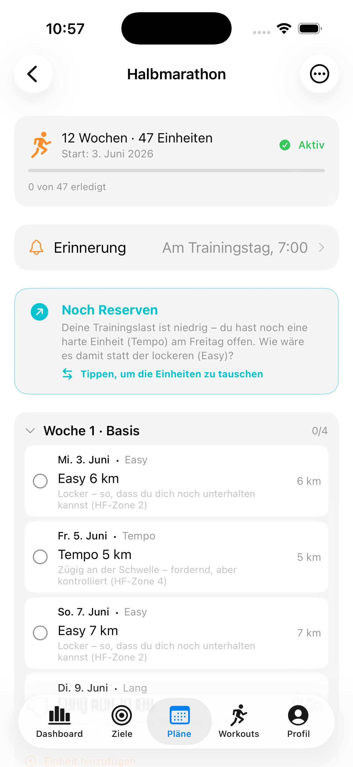 Trainingsplan-Ansicht mit Wocheneinteilung