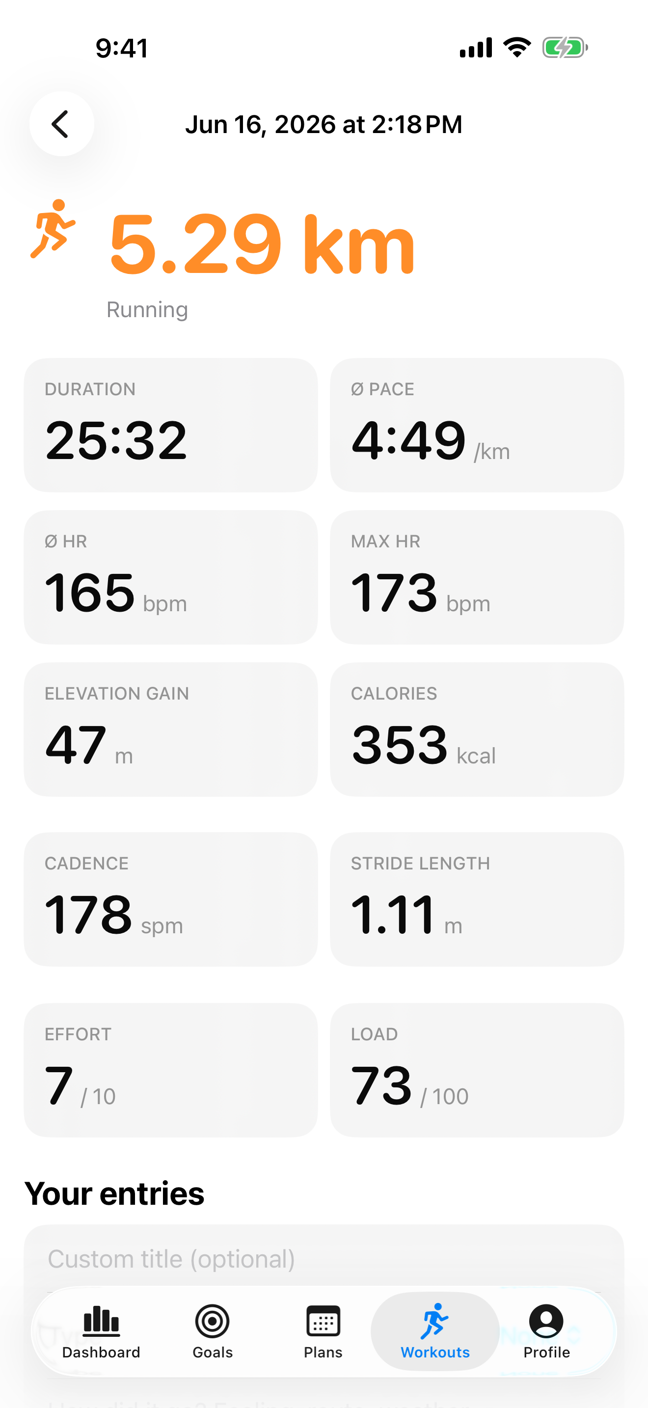 Workout detail with map, splits and heart-rate zones